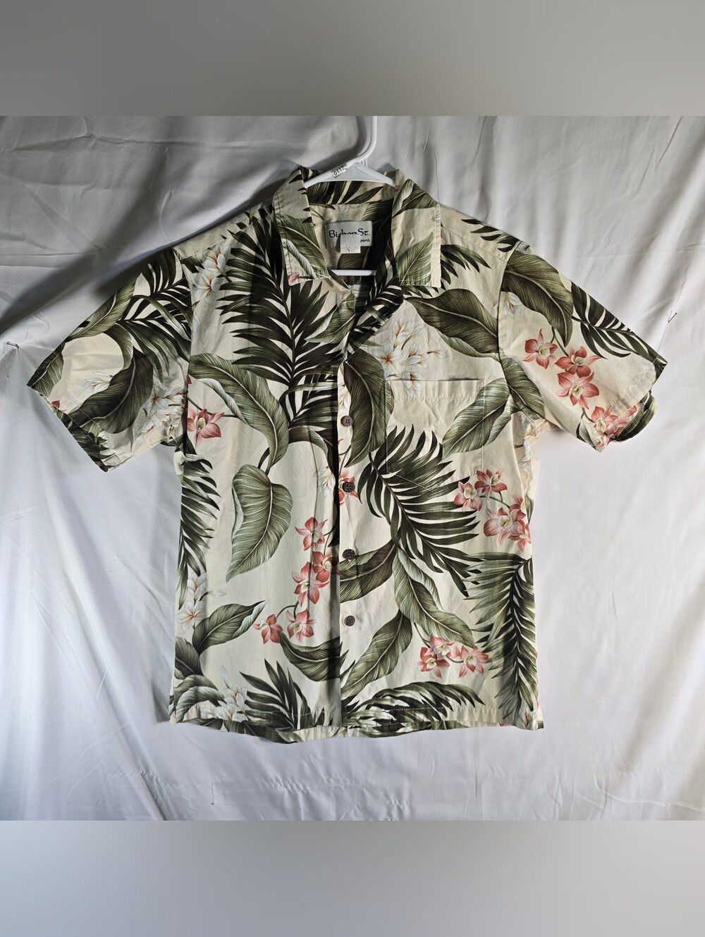 Bishop St. Apparel Shirt Mens Small Green Tropical Leaf Aloha Made In Hawaii